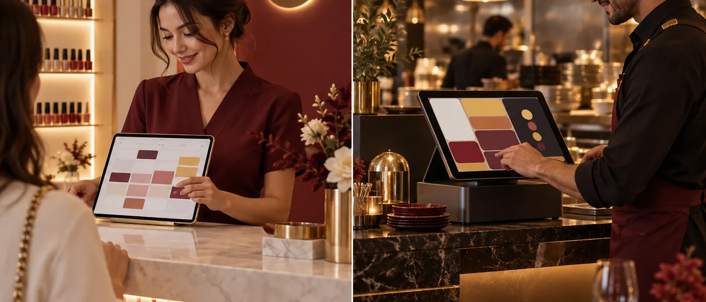 Booking on a tablet at a nail salon and a restaurant point-of-sale terminal