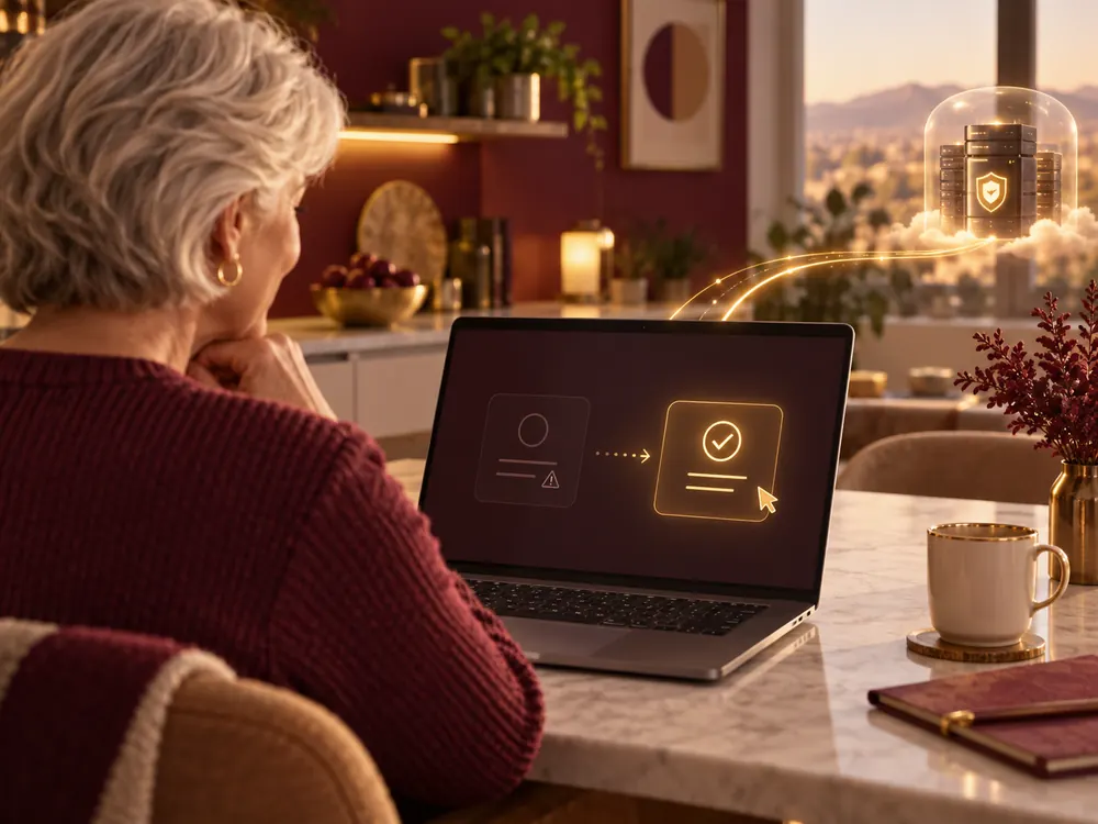 A senior woman at her kitchen table watching her laptop get fixed remotely