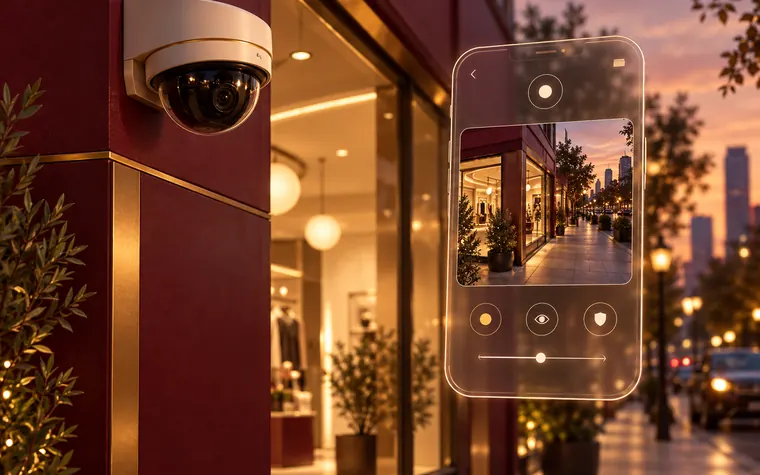 Security camera on a storefront with live view on a phone
