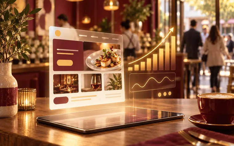 Restaurant website and growth chart above a tablet